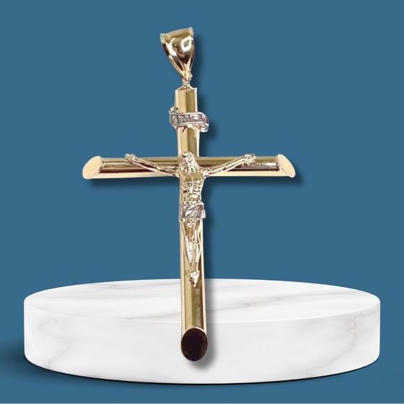 GOLD Cross Jesus pendant 14k Crucifix yellow Charm necklace Big Gold Filled - Picture 8 of 9